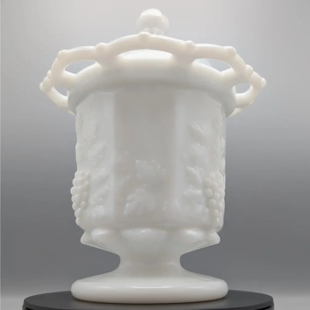 Westmoreland Paneled Grape Milk Glass Lidded Jar Candy Dish Lace Edge